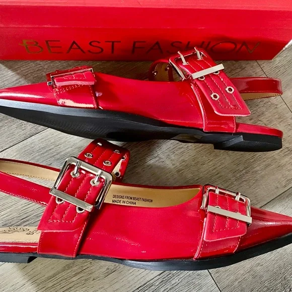 Beast Fashion Red Faux Patent Grommet Buckle Pointed Toe Shoes Flats Various - Picture 7 of 7